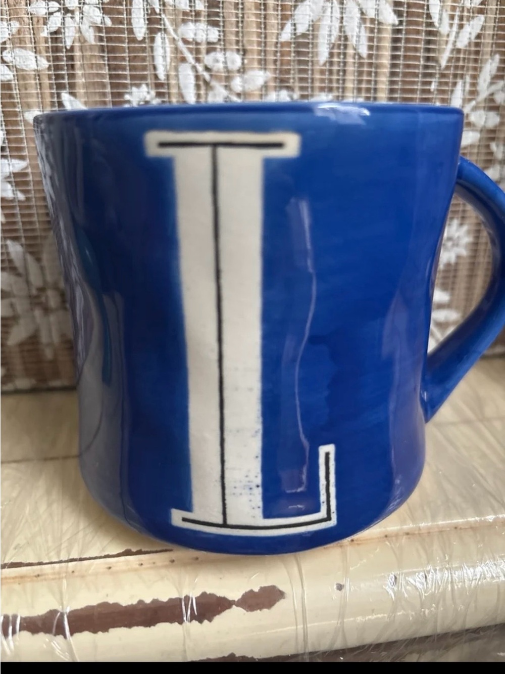 Anthropologie Blue Ceramic Mug with White Letter L